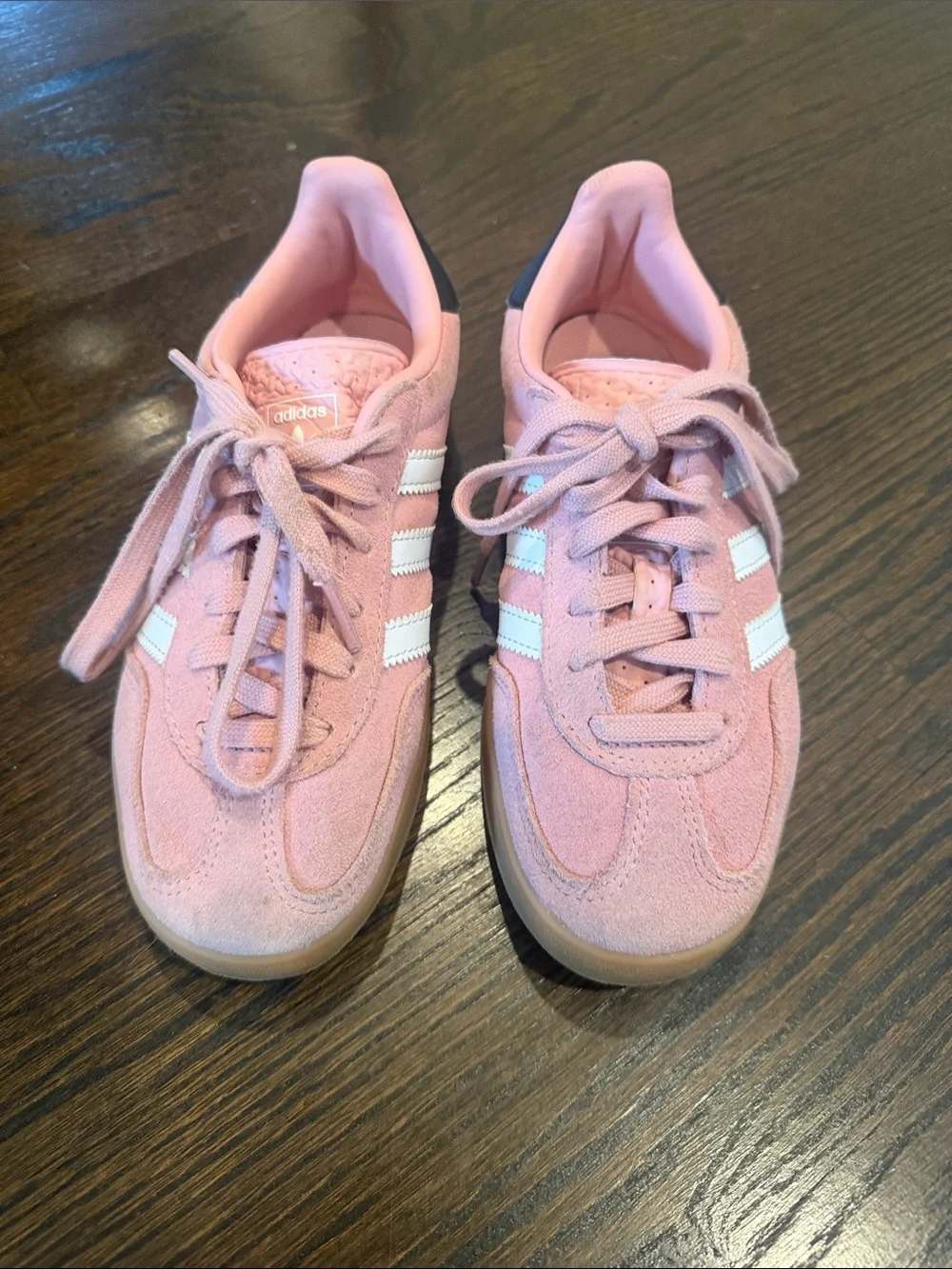 adidas kids Pink Suede Sneakers with White Stripes